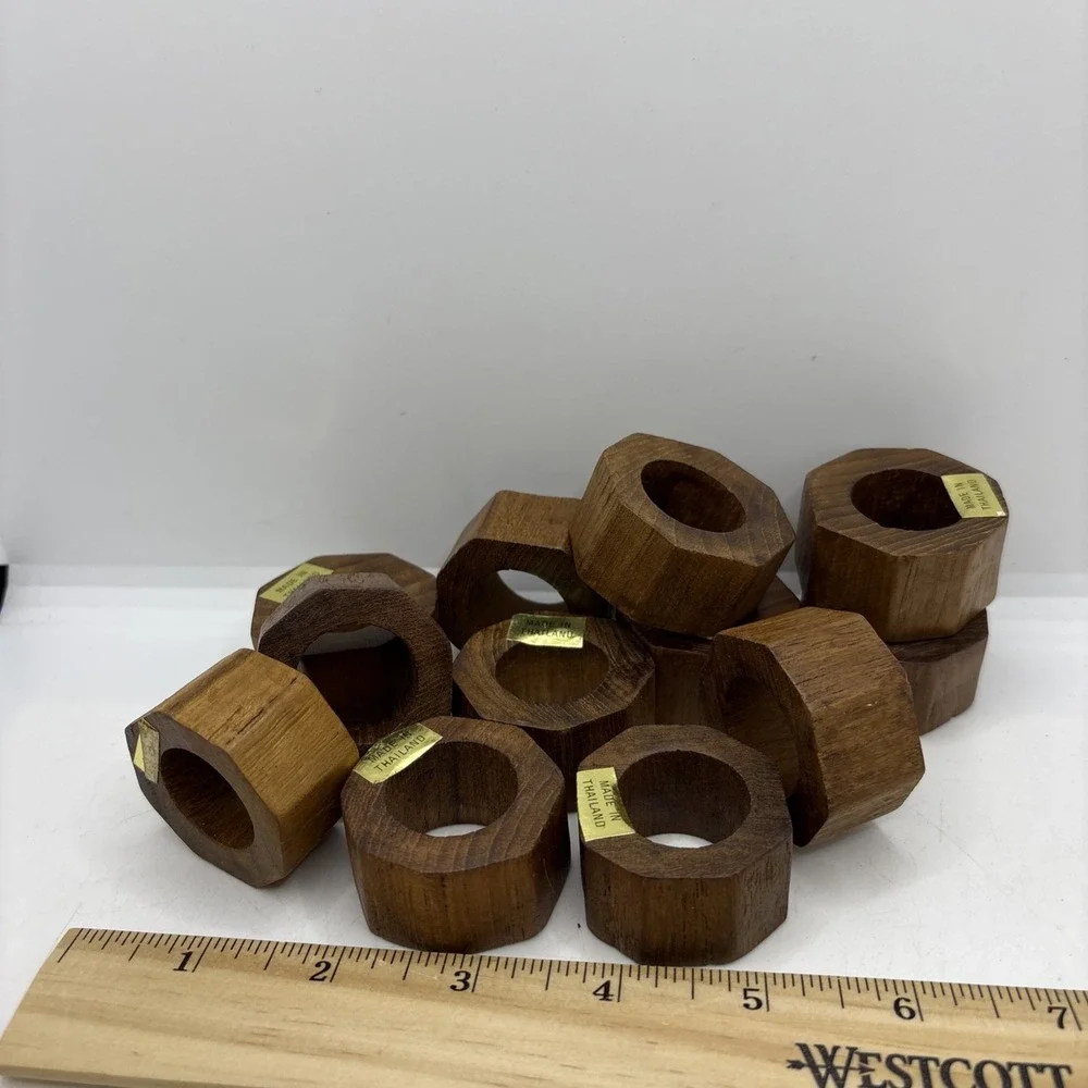 Hand Crafted Teak Wood Round Napkin Rings Made in Thailand Set of 12‎